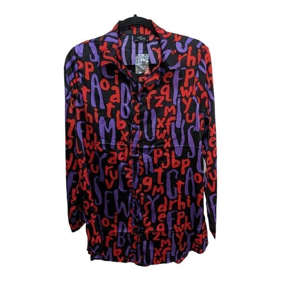 NWT MILK & HONEY Satin "Alphabet" Long Sleeved Button Down Blouse Women's Size L - Picture 1 of 7
